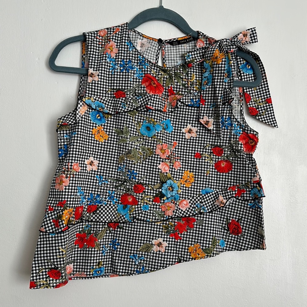 zara floral gingham print ruffle sleeveless top shoulder blouse